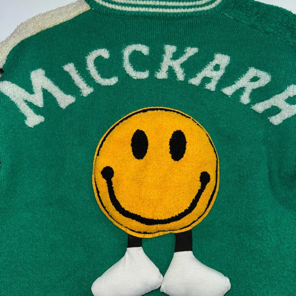 Rare Smiley Patchwork Knit Bomber Jacket Green Leopard Check Full Zip Streetwear